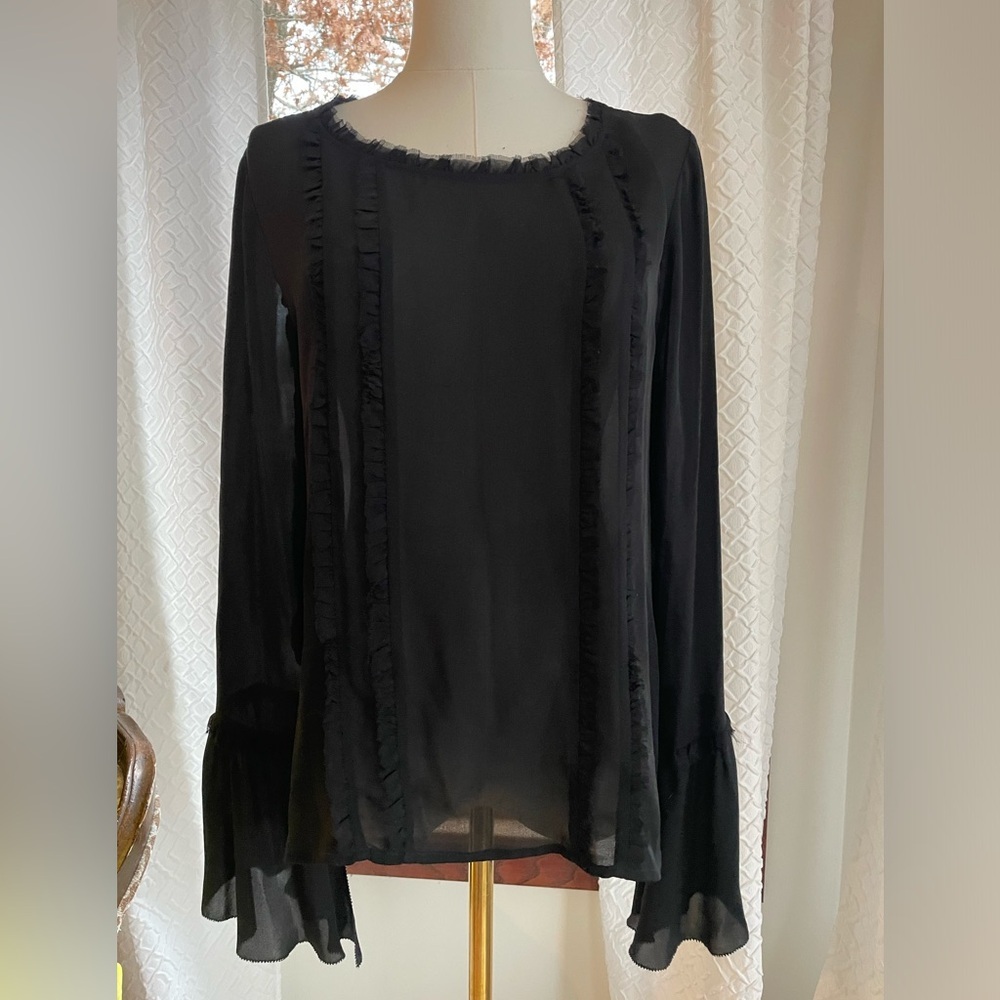 L’Agence Gilda Raw Edge Black Ruffle Blouse Medium - Picture 3 of 11